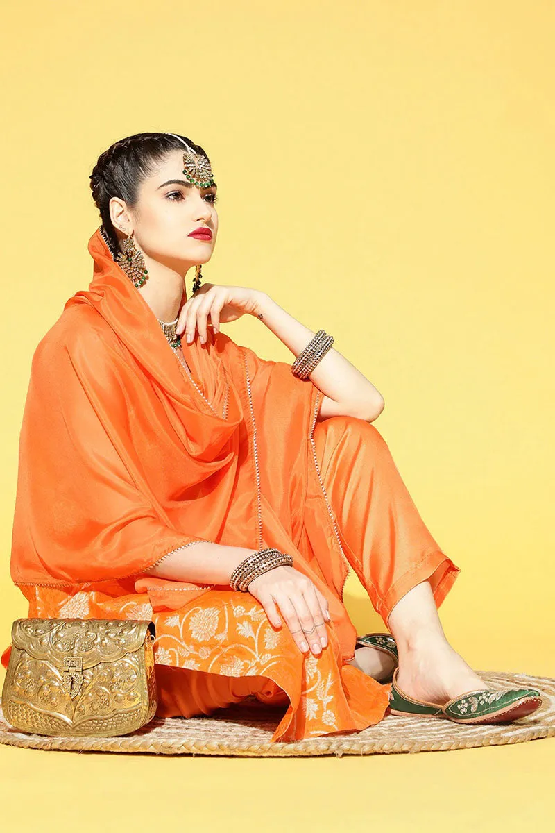 Orange Floral Cotton Kurta, Trouser Dupatta Set