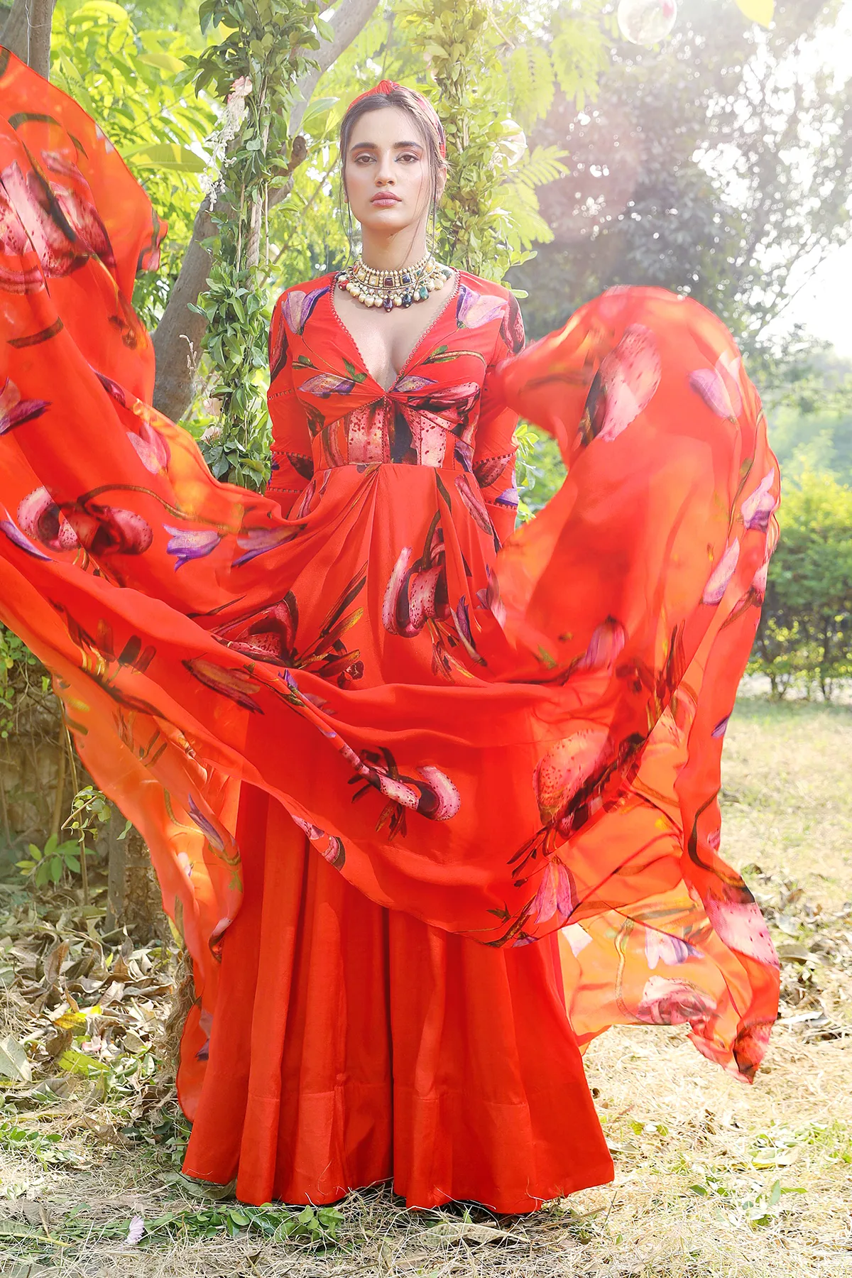 Orange printed anrakali set