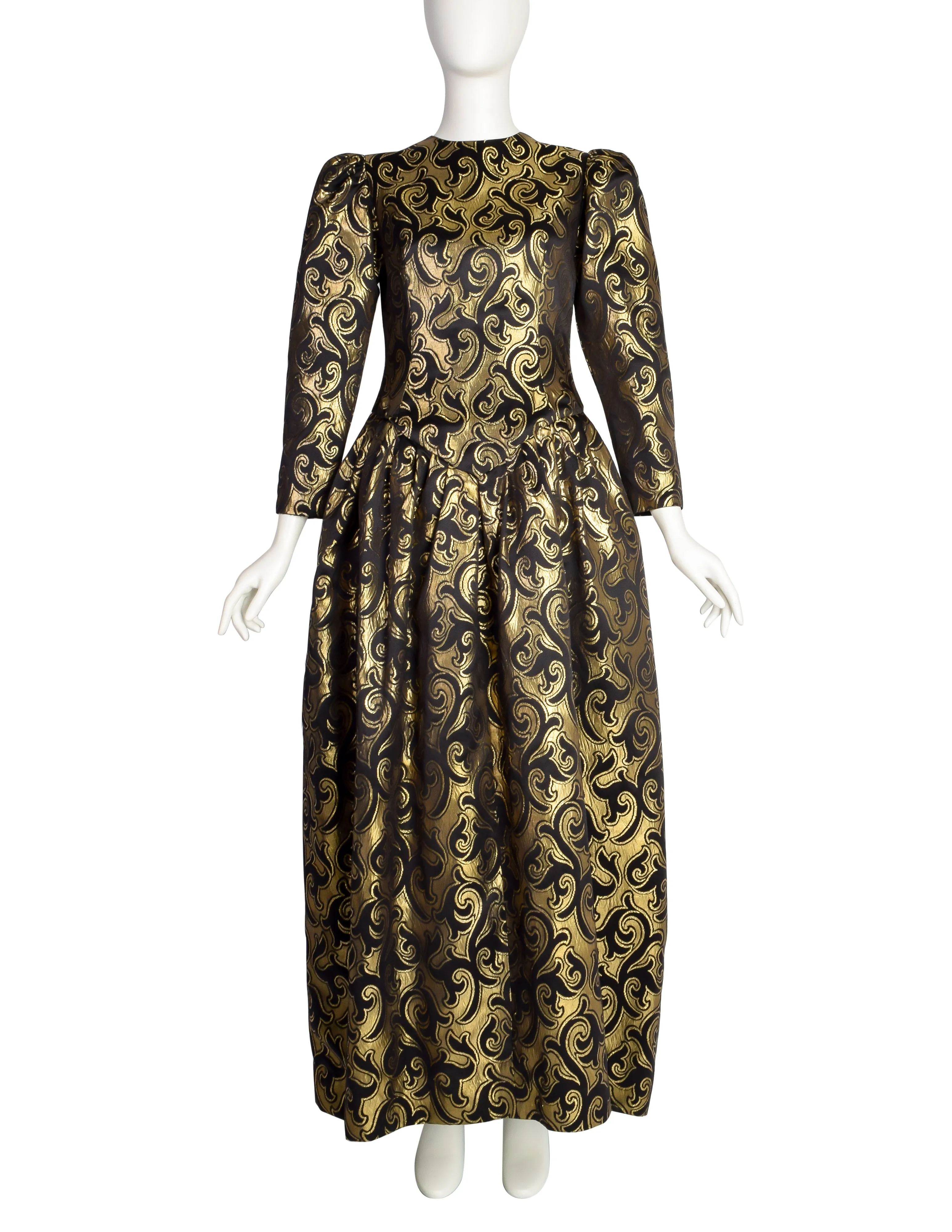 Oscar de la Renta Vintage 1980s Black Satin and Gold Metallic Brocade Swirl Evening Dress
