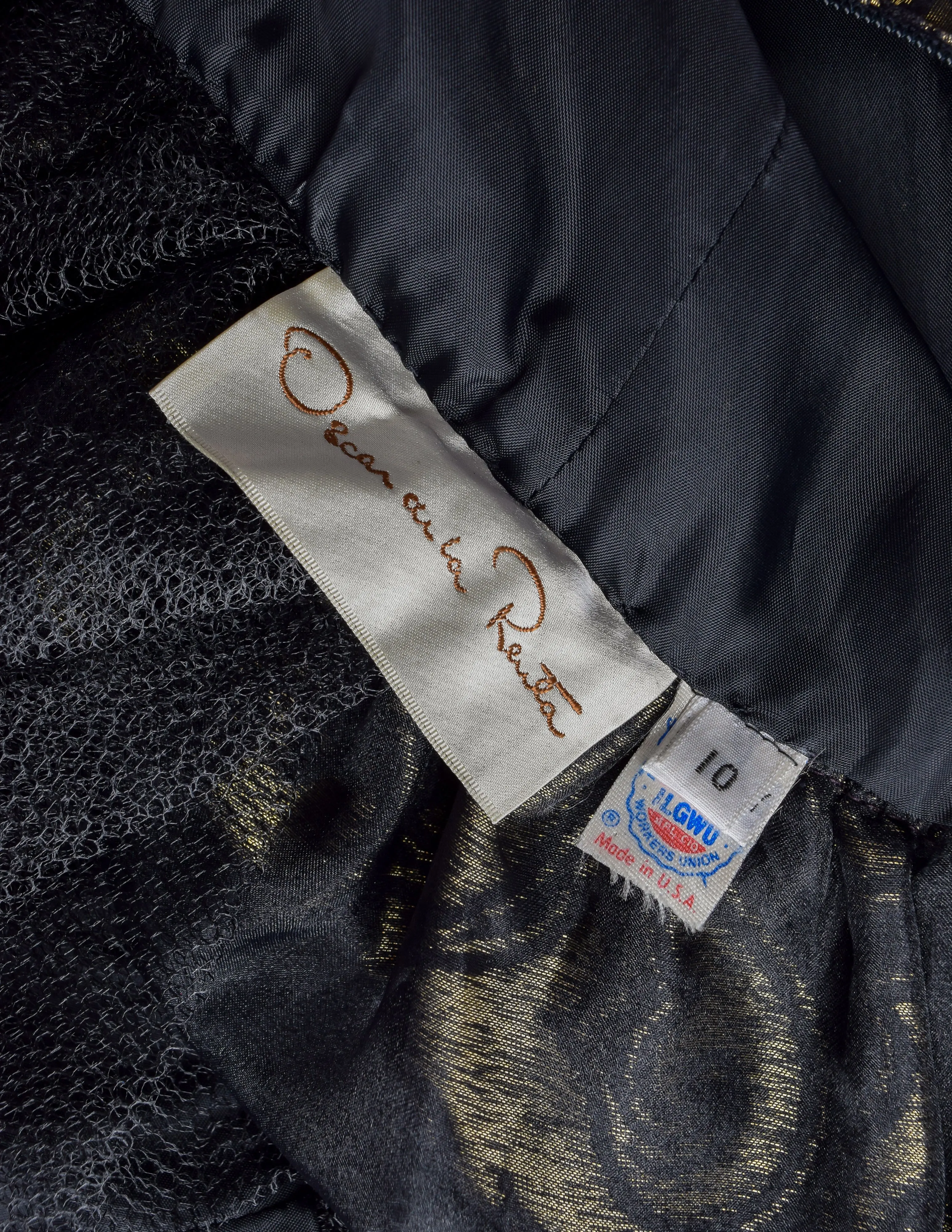 Oscar de la Renta Vintage 1980s Black Satin and Gold Metallic Brocade Swirl Evening Dress