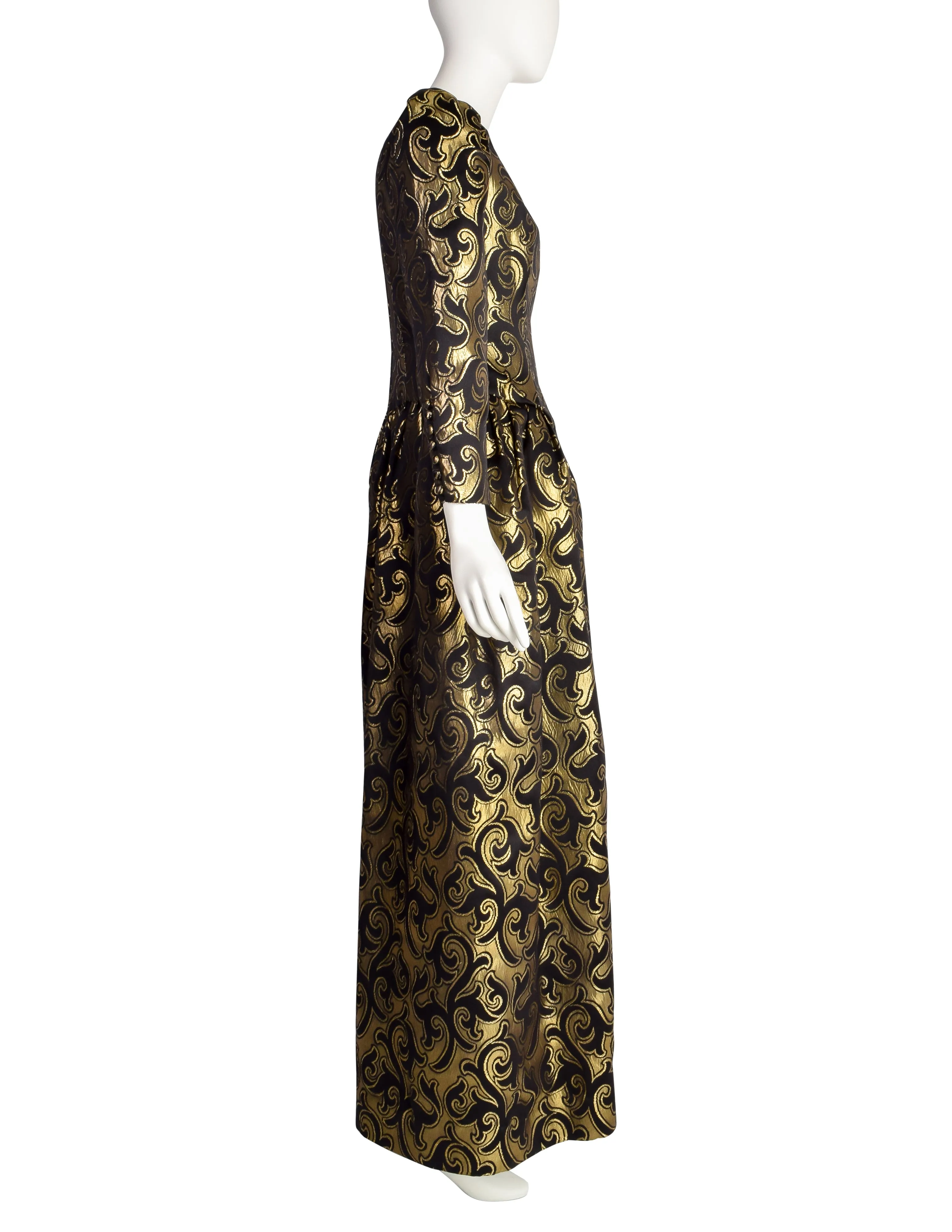 Oscar de la Renta Vintage 1980s Black Satin and Gold Metallic Brocade Swirl Evening Dress