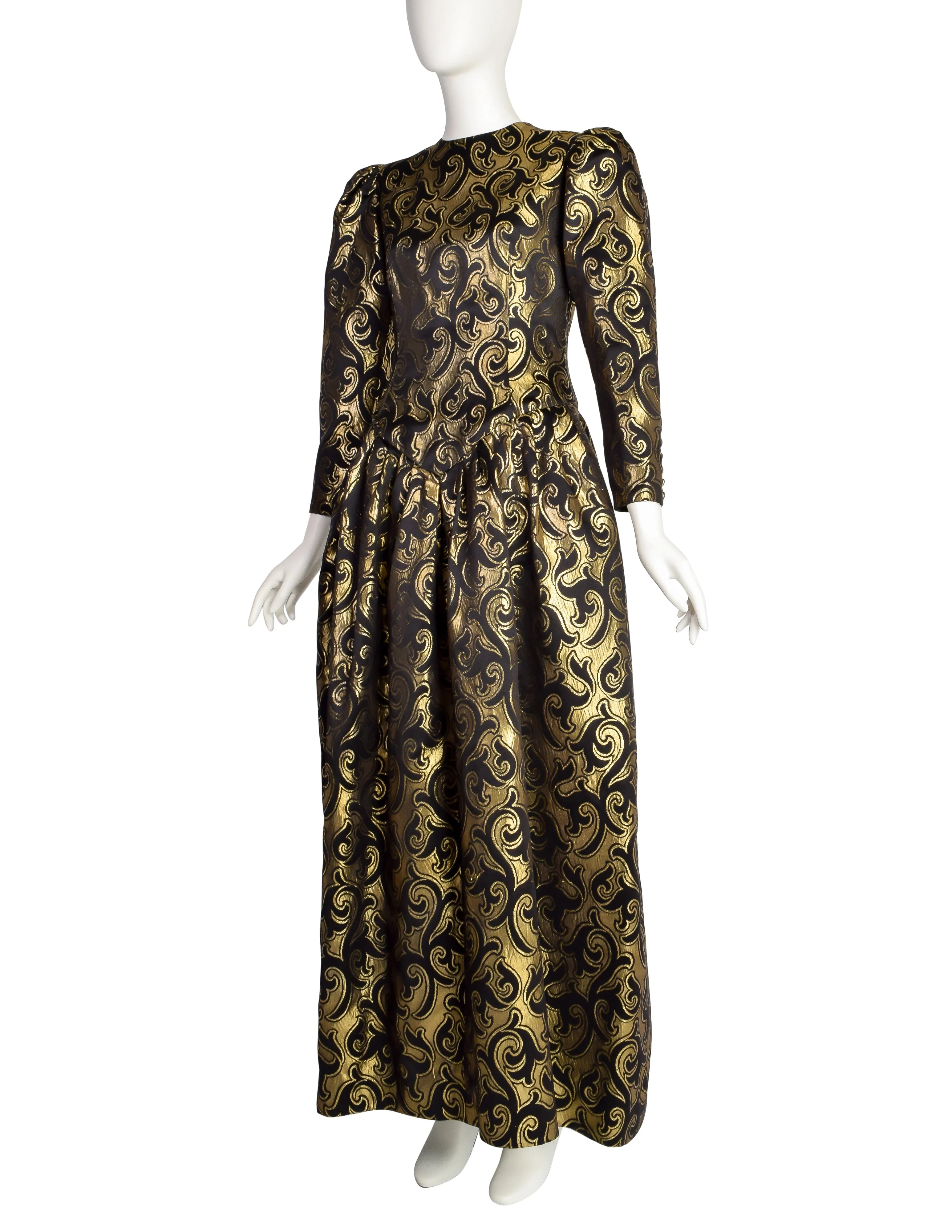 Oscar de la Renta Vintage 1980s Black Satin and Gold Metallic Brocade Swirl Evening Dress