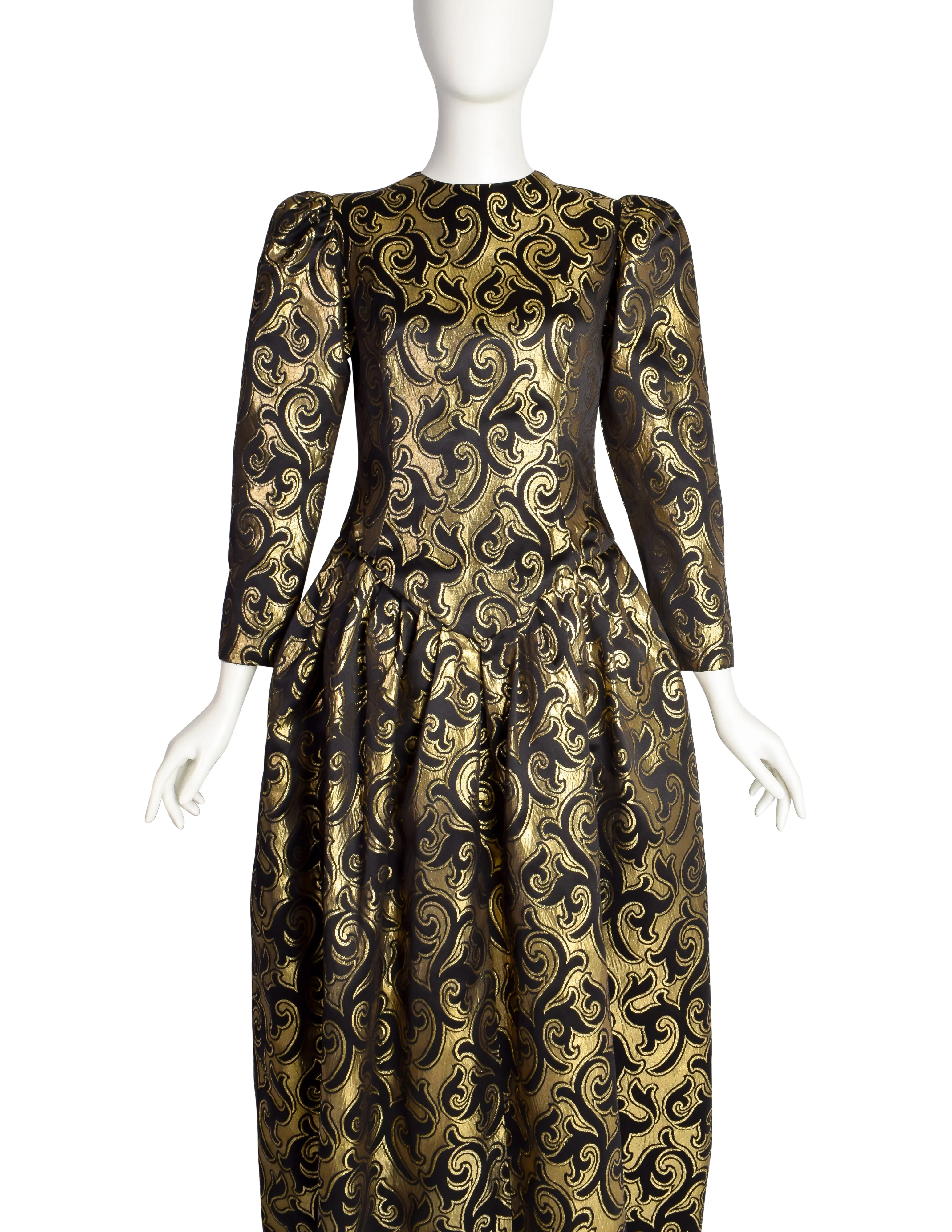 Oscar de la Renta Vintage 1980s Black Satin and Gold Metallic Brocade Swirl Evening Dress