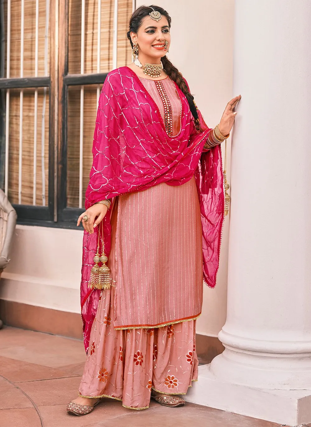 Pakistani Style Soft Pink Embroidered Suit with Palazzo