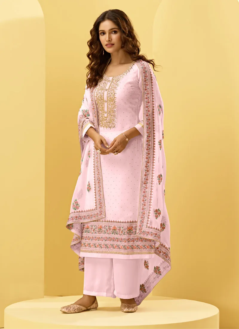 Pale Pink Embroidered Designer Palazzo Suit