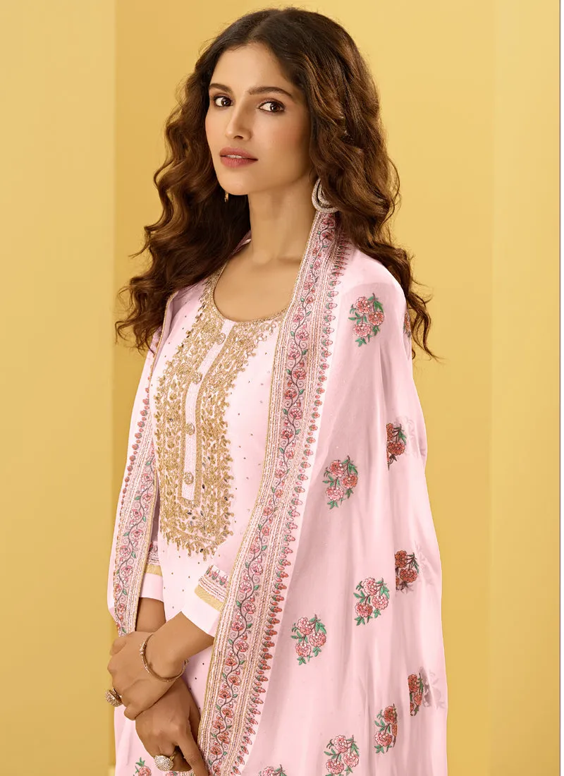 Pale Pink Embroidered Designer Palazzo Suit