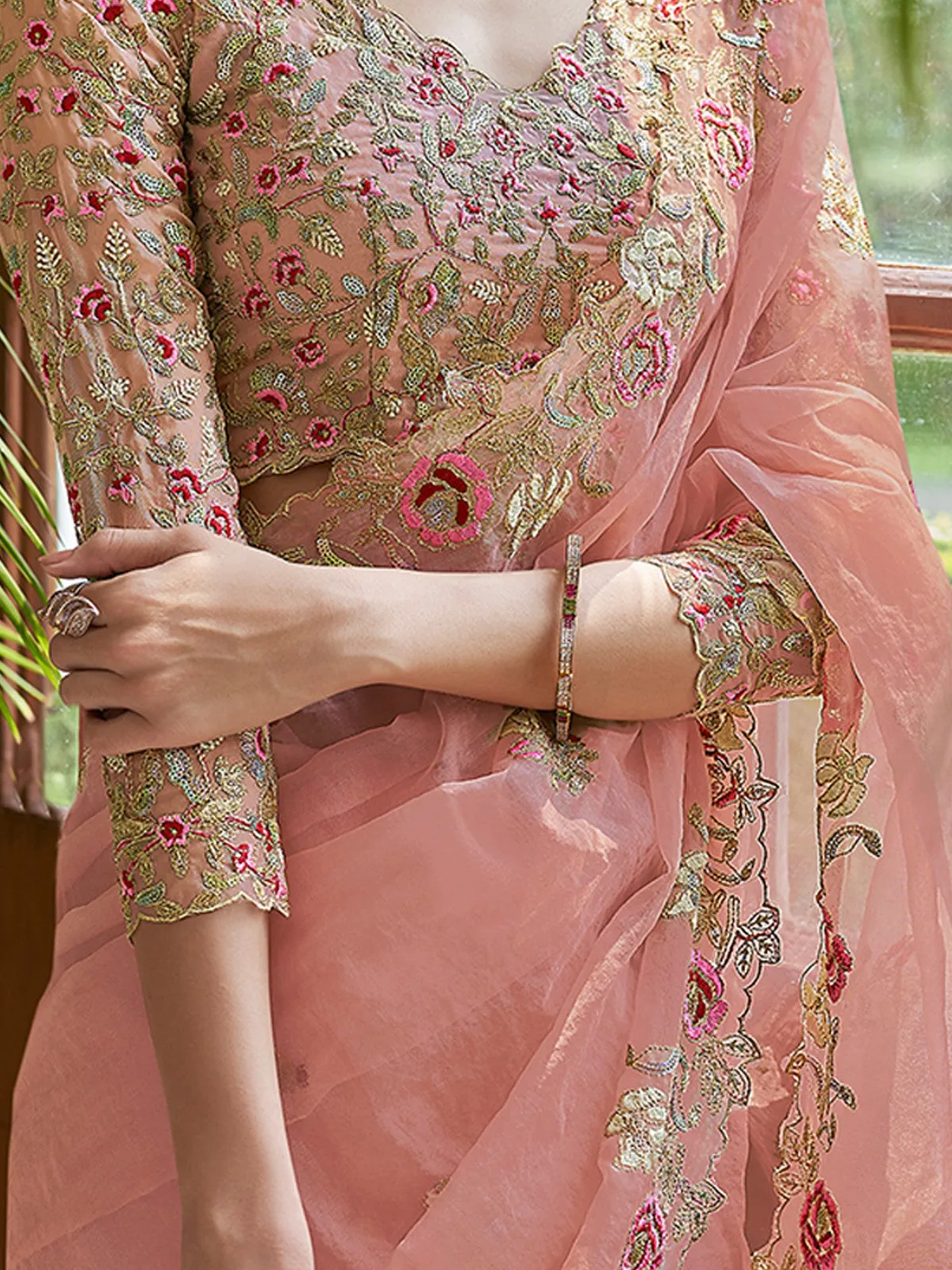 Peach Organza Embroidered Saree With Unstitched Blouse