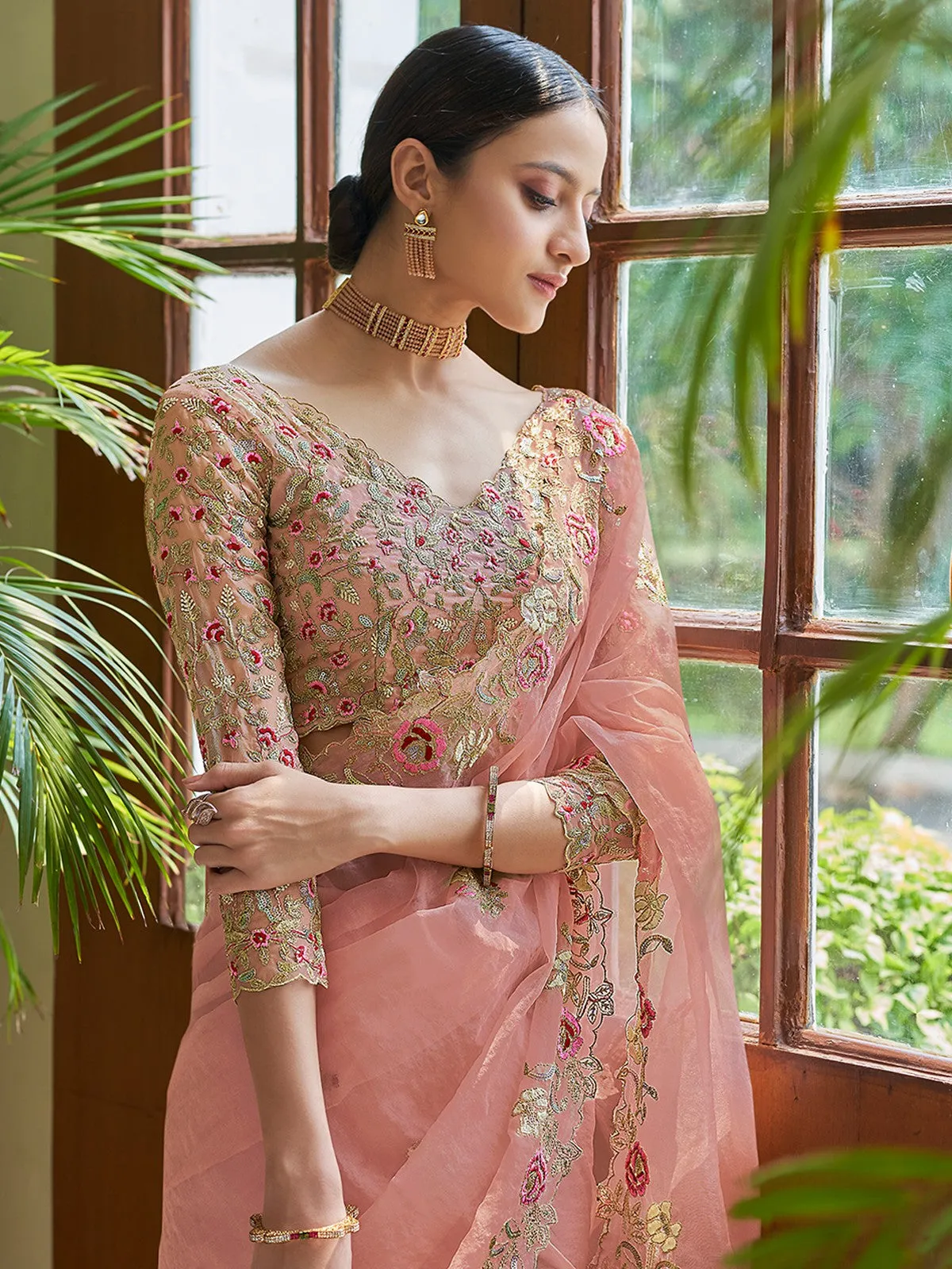 Peach Organza Embroidered Saree With Unstitched Blouse