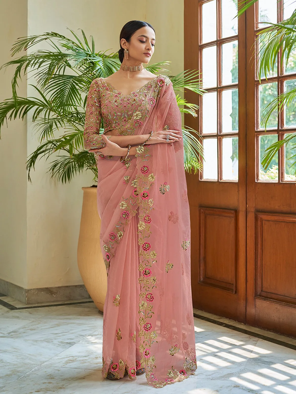 Peach Organza Embroidered Saree With Unstitched Blouse