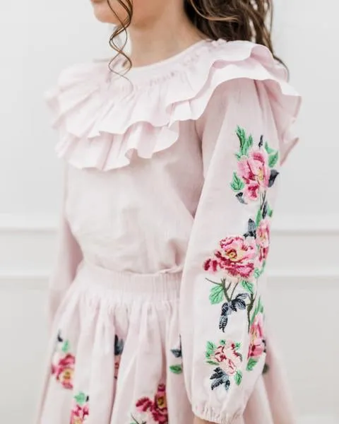 PETITE AMALIE MAUVE CHALK EMBROIDERED BLOUSE AND SKIRT