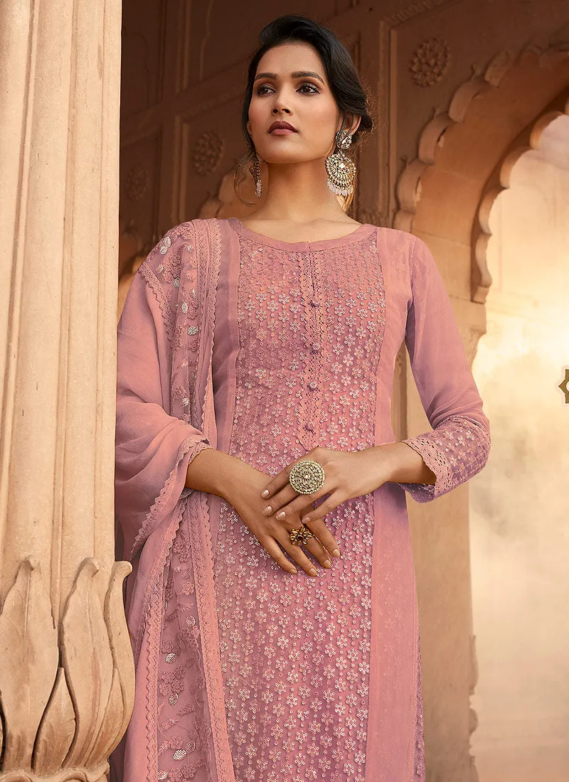 Pink Designer Embroidered Palazzo Suit