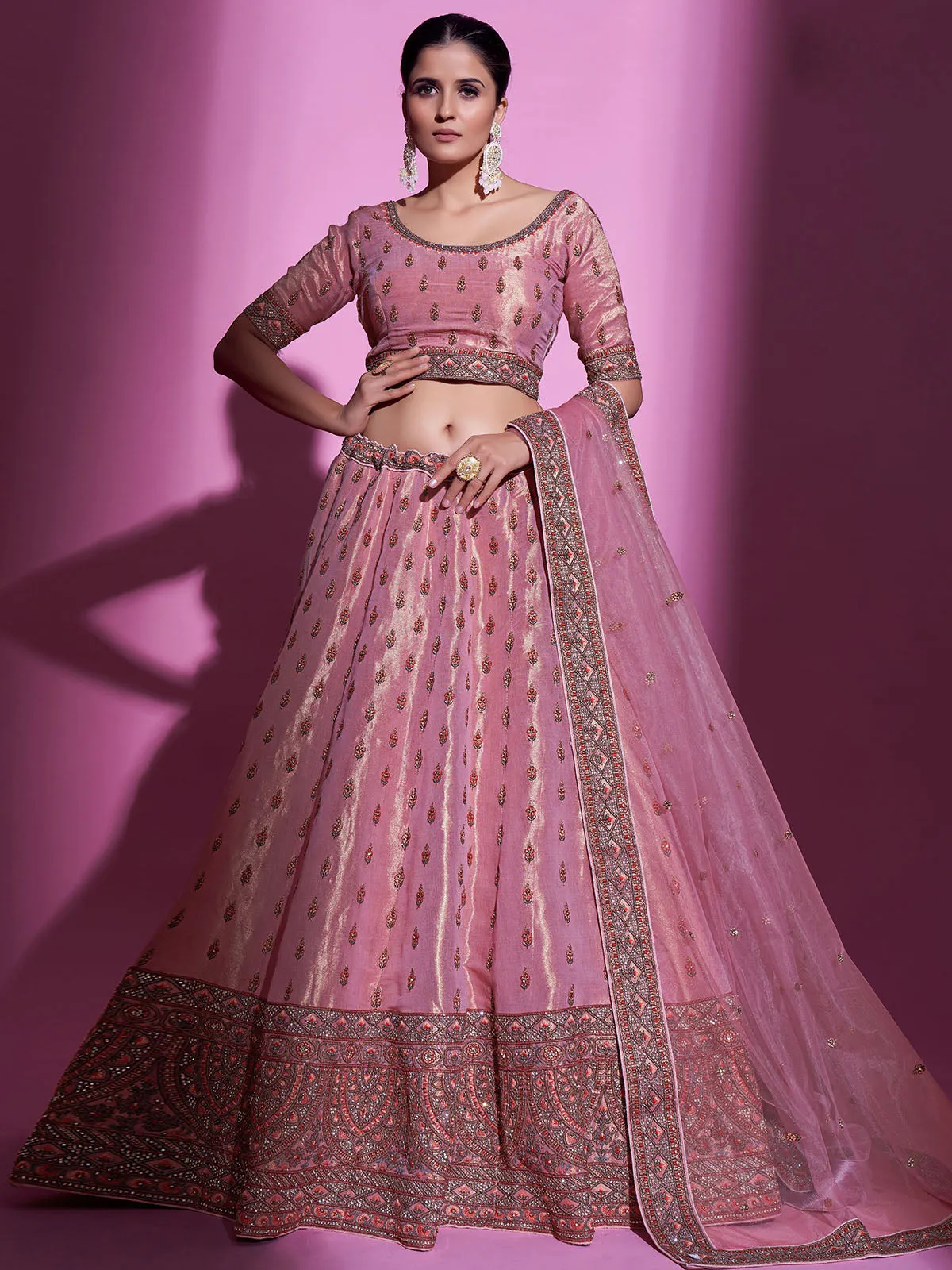 Pink Silk Blend Semi Stitched Lehenga With Unstitched Blouse