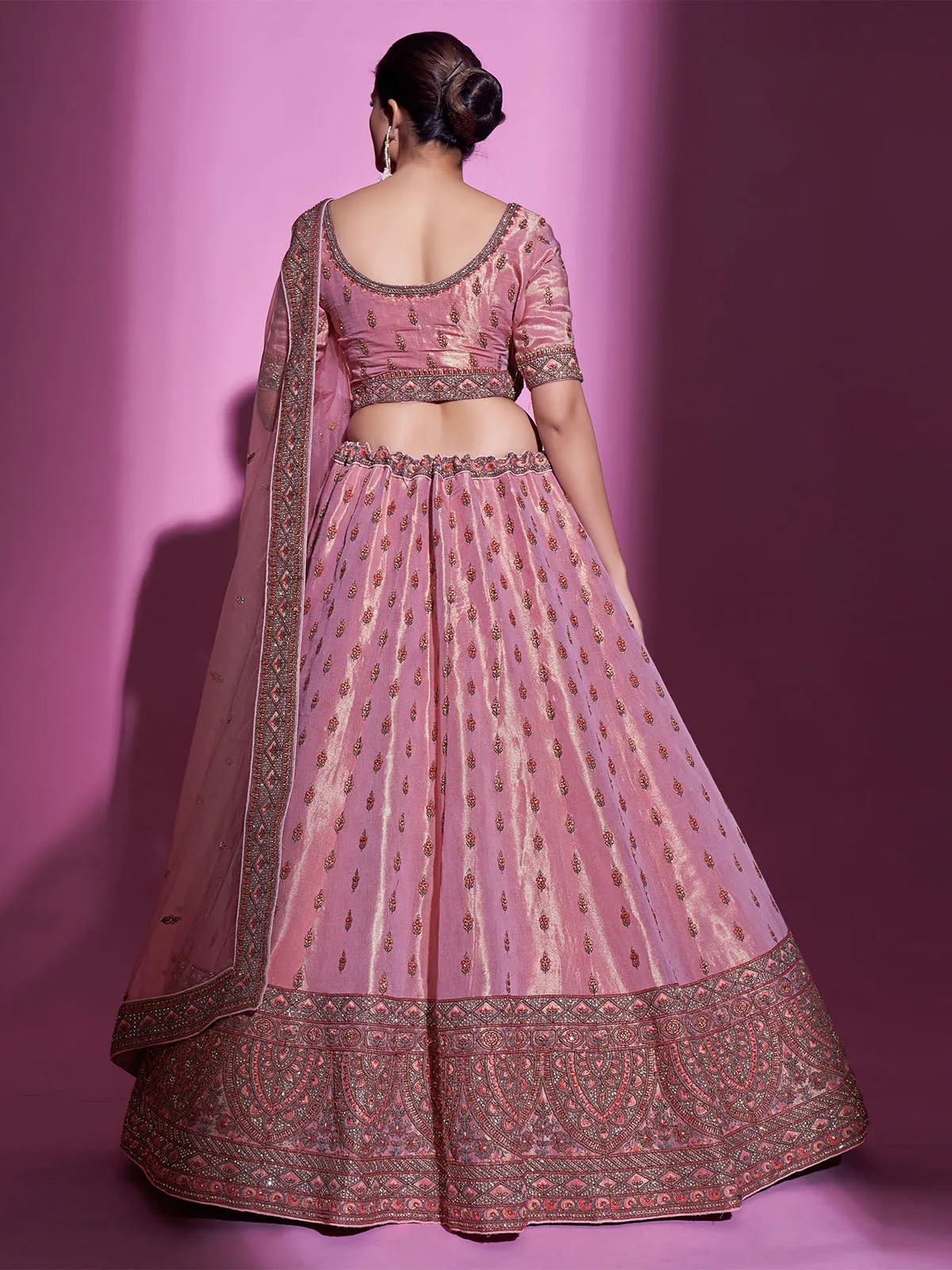 Pink Silk Blend Semi Stitched Lehenga With Unstitched Blouse