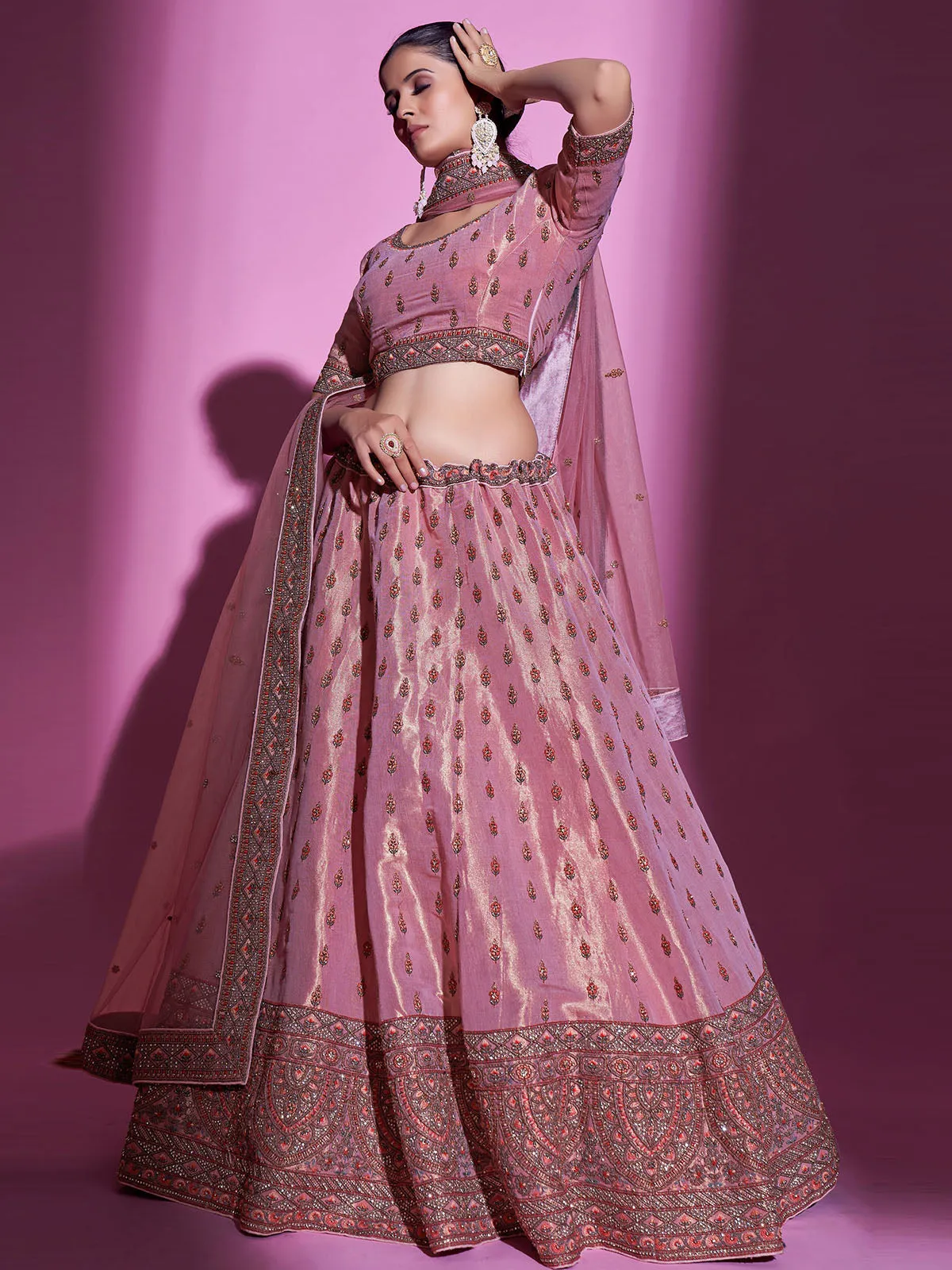 Pink Silk Blend Semi Stitched Lehenga With Unstitched Blouse