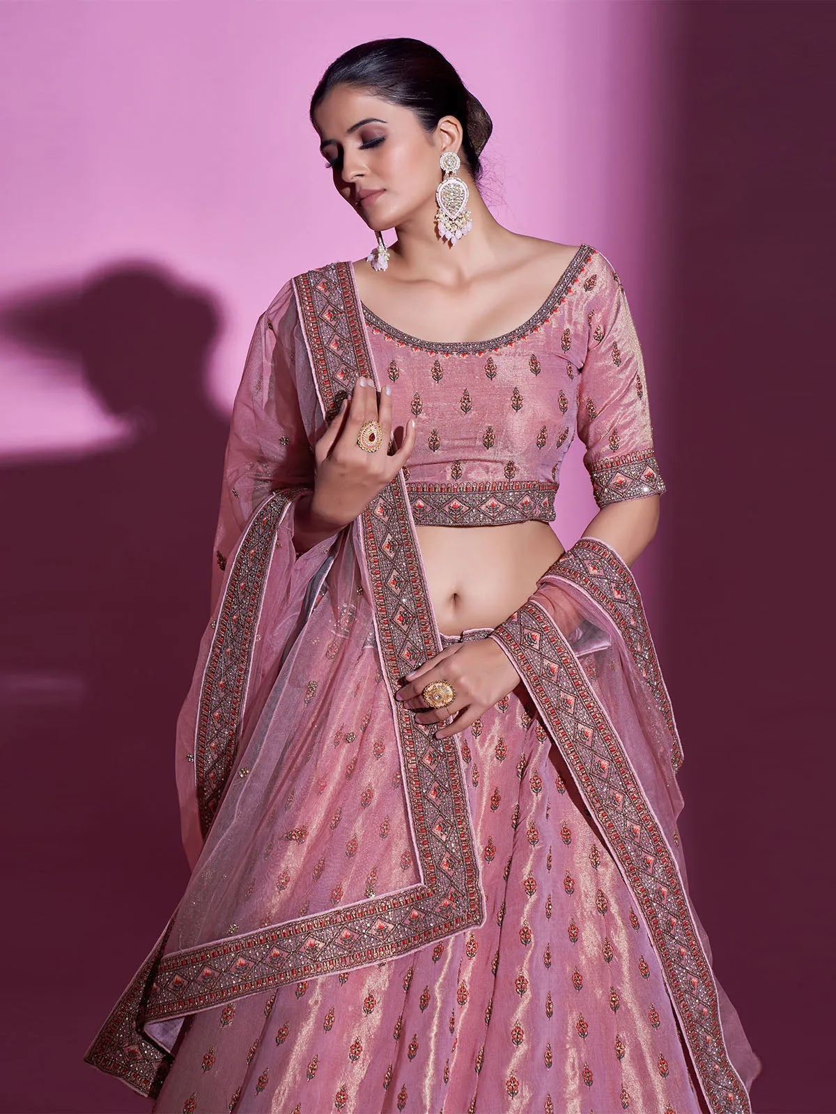 Pink Silk Blend Semi Stitched Lehenga With Unstitched Blouse