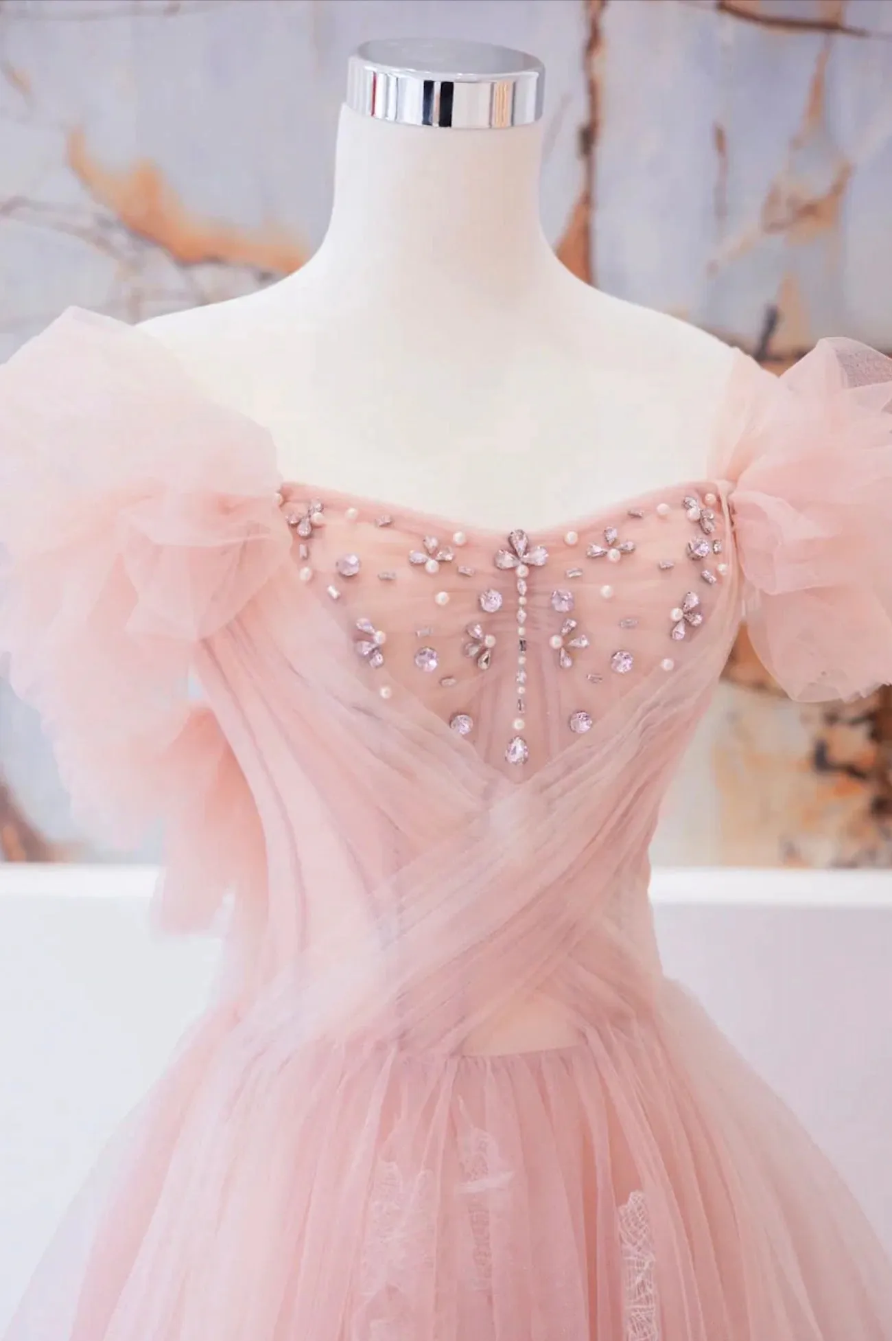 Pink Tulle Beaded Long Prom Dress A-Line Evening Party Dress