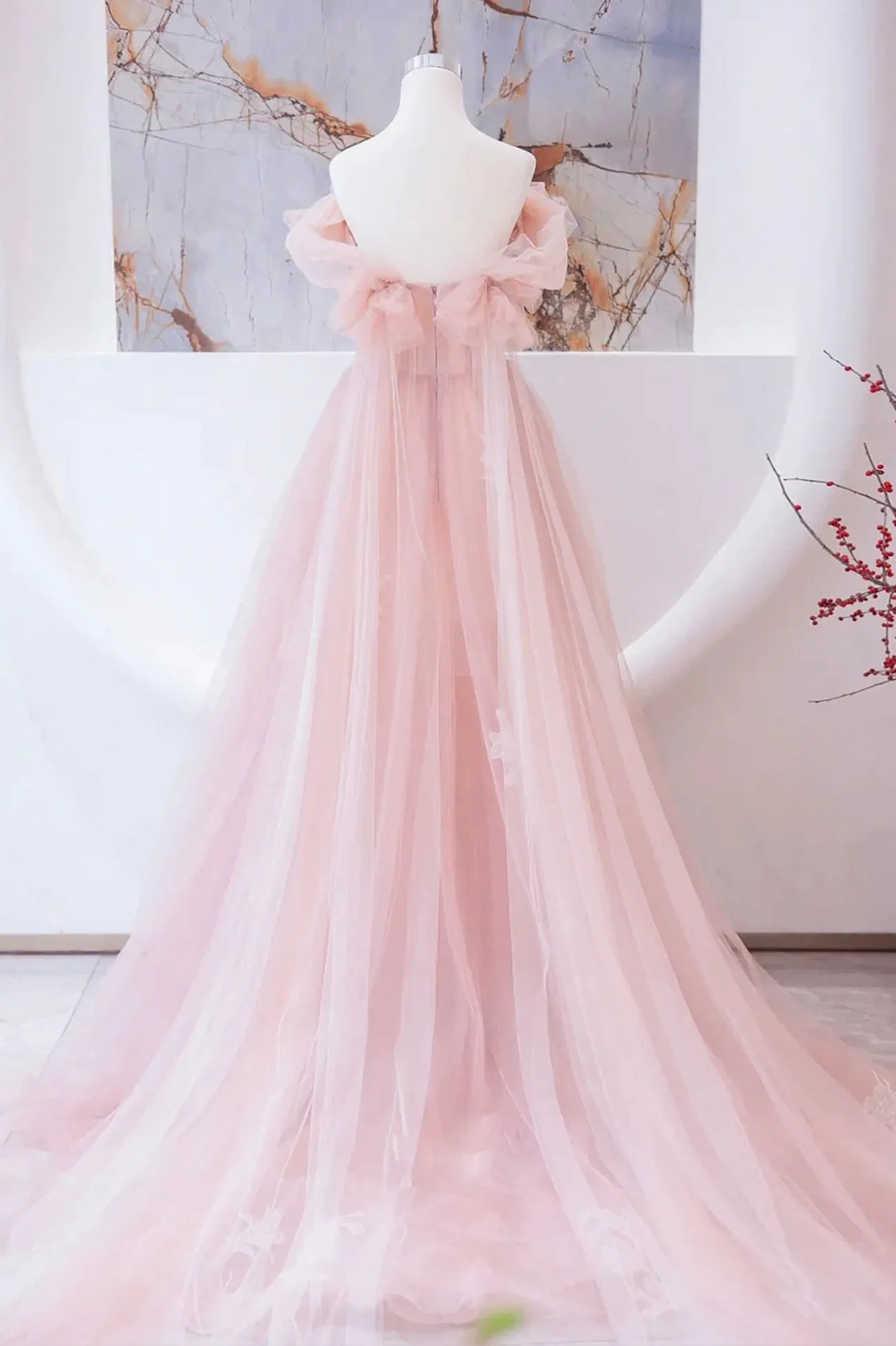 Pink Tulle Beaded Long Prom Dress A-Line Evening Party Dress