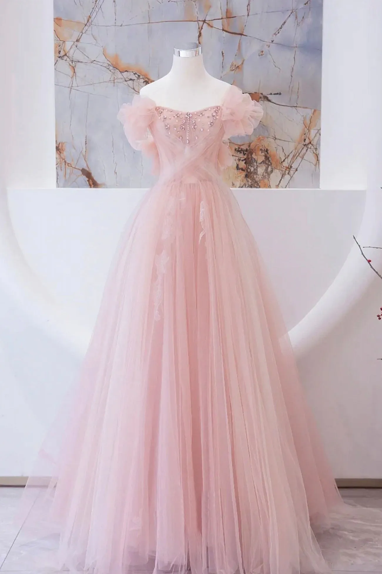 Pink Tulle Beaded Long Prom Dress A-Line Evening Party Dress