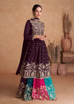 Plum Wine Wedding Embroidered Multicolor Palazzo Suit