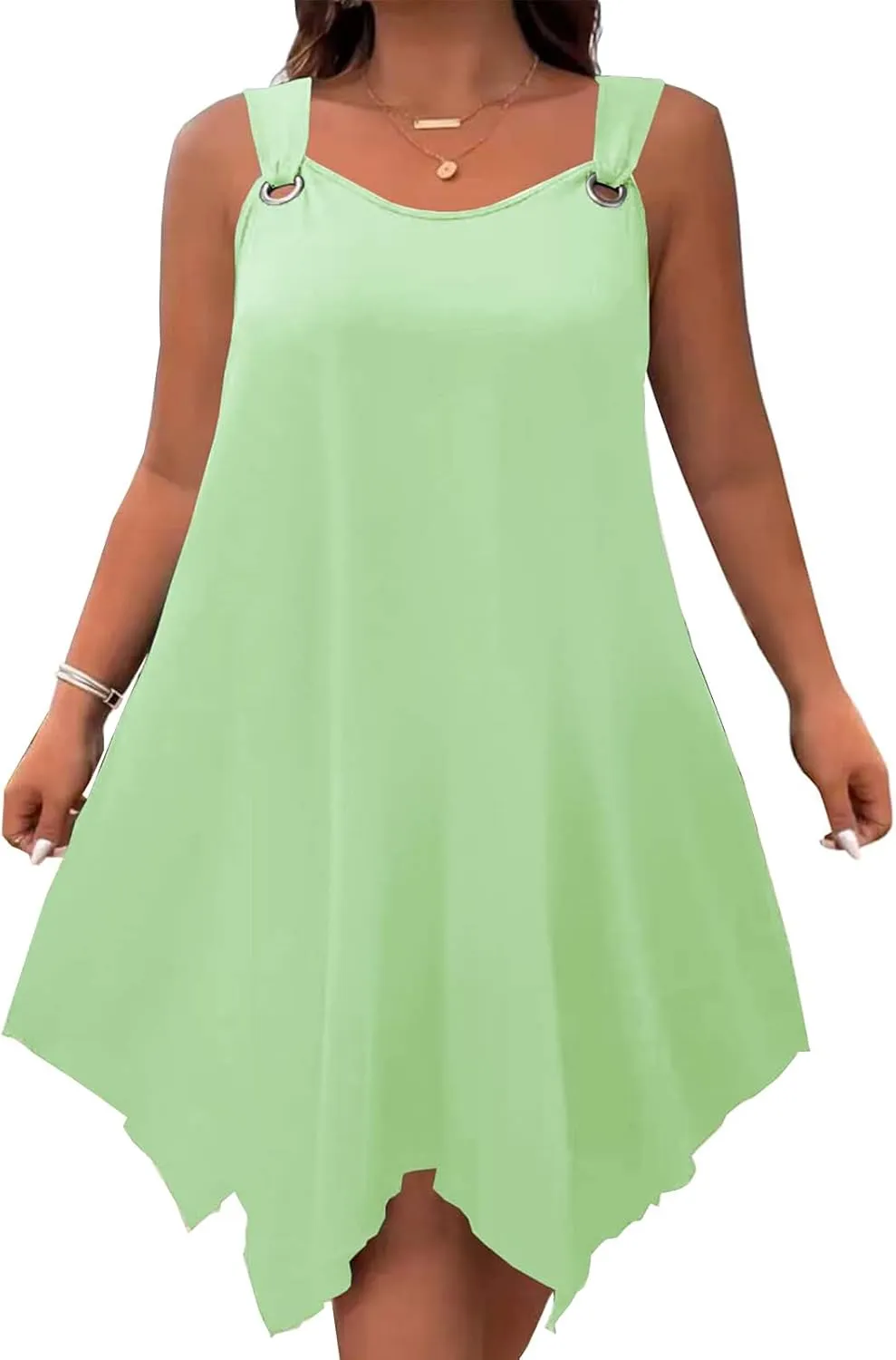 Plus Size Summer Dresses for Curvy Women Loose Casual O-Ring Shoulder Sleeveless Asymmetrical Hem Flowy Midi Dress