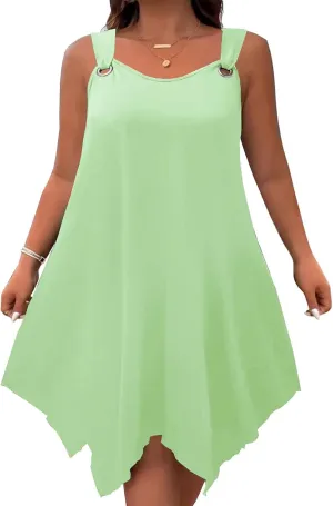 Plus Size Summer Dresses for Curvy Women Loose Casual O-Ring Shoulder Sleeveless Asymmetrical Hem Flowy Midi Dress