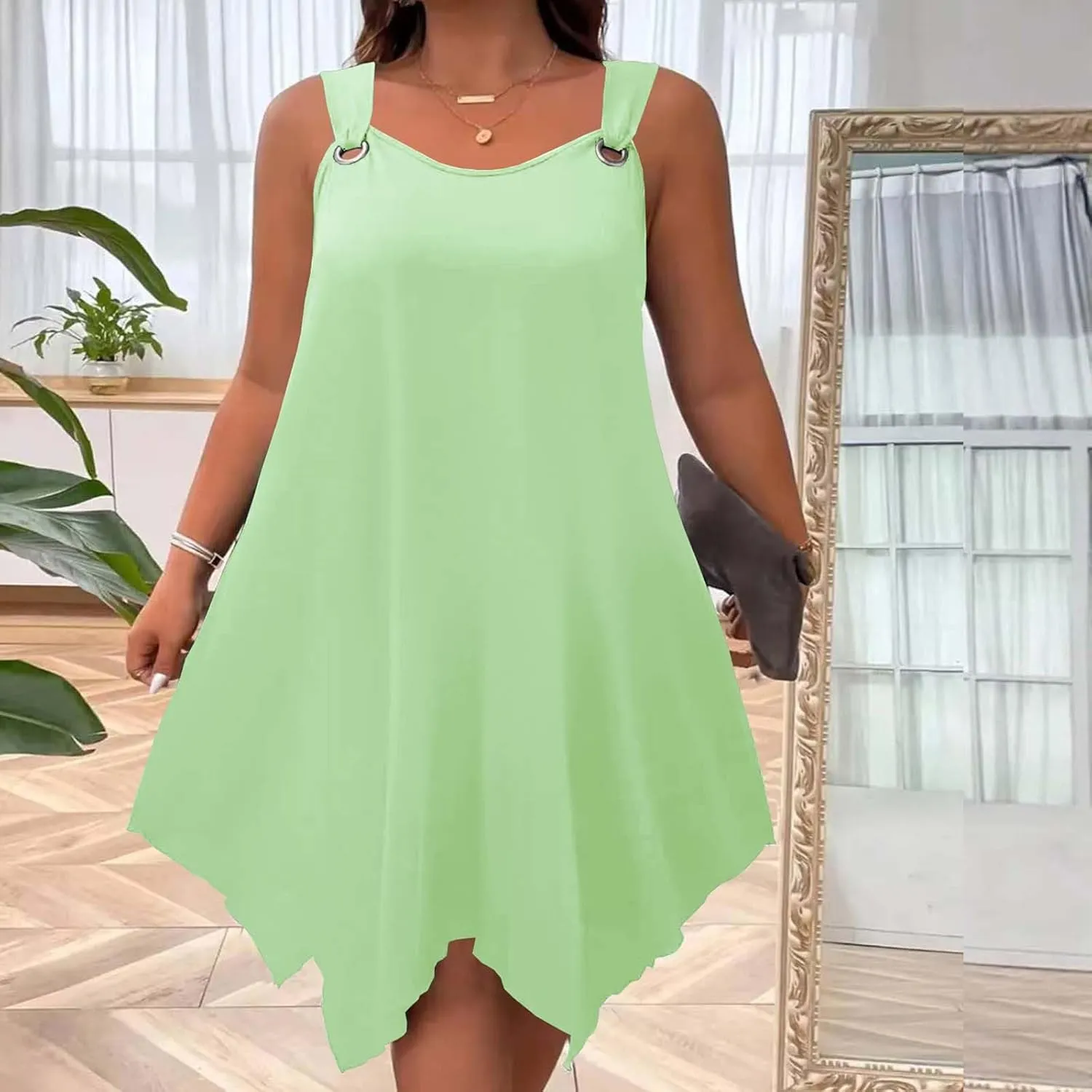 Plus Size Summer Dresses for Curvy Women Loose Casual O-Ring Shoulder Sleeveless Asymmetrical Hem Flowy Midi Dress