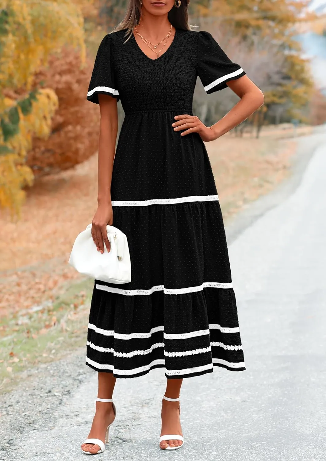 PRETTYGARDEN Women's Casual Summer Maxi Dress Short Sleeve Swiss Dot V Neck Smocked Long Flowy Beach Dresses