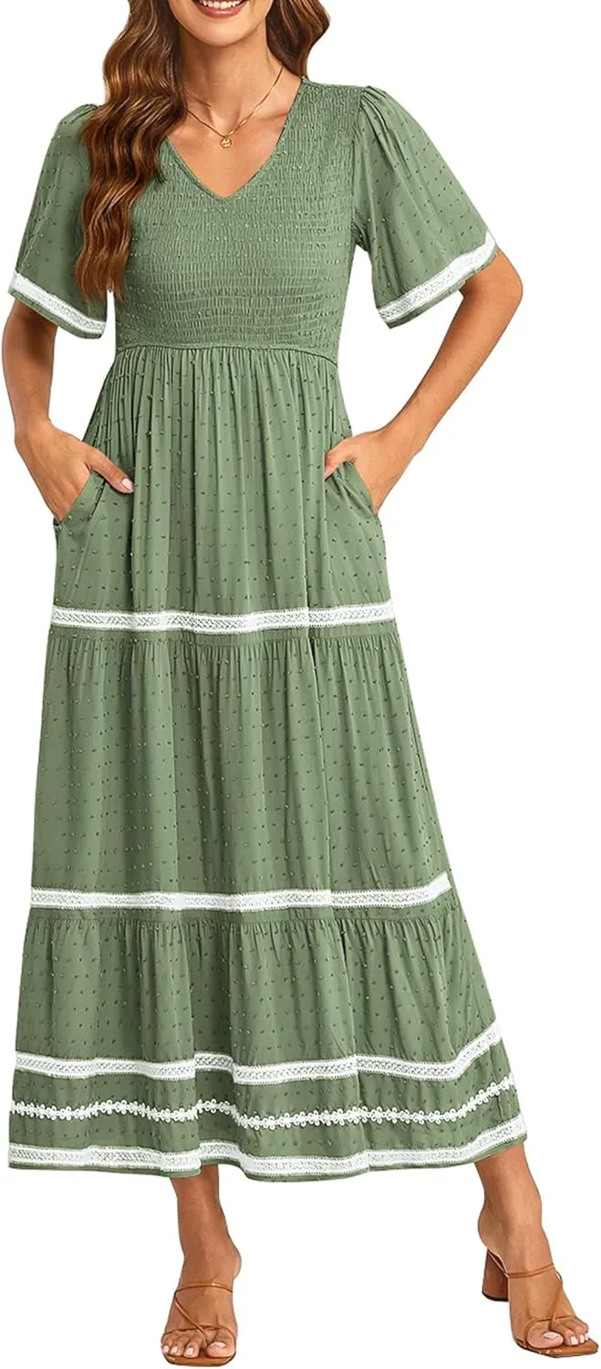 PRETTYGARDEN Women's Casual Summer Maxi Dress Short Sleeve Swiss Dot V Neck Smocked Long Flowy Beach Dresses