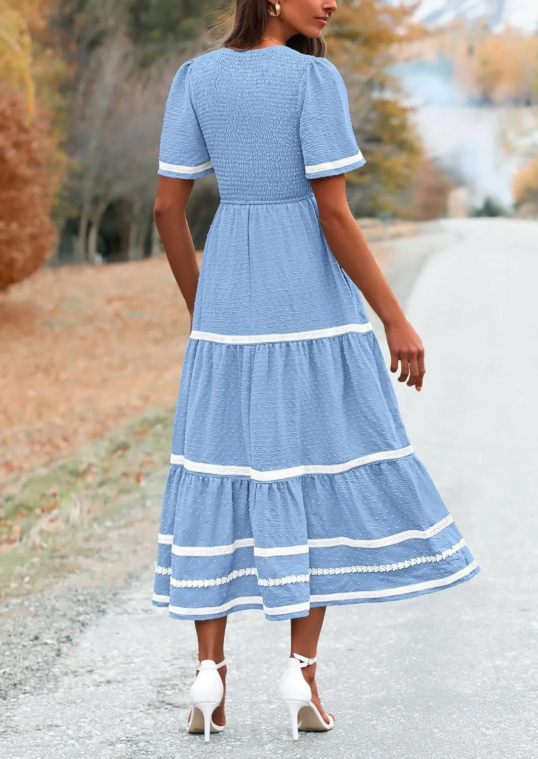 PRETTYGARDEN Women's Casual Summer Maxi Dress Short Sleeve Swiss Dot V Neck Smocked Long Flowy Beach Dresses