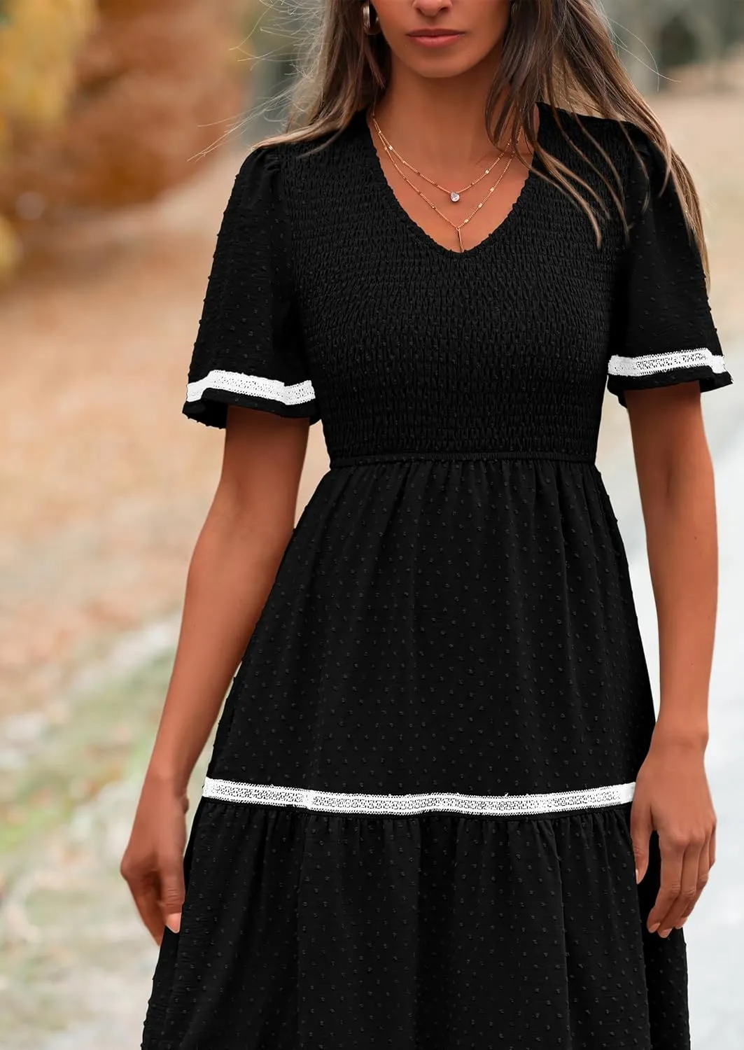 PRETTYGARDEN Women's Casual Summer Maxi Dress Short Sleeve Swiss Dot V Neck Smocked Long Flowy Beach Dresses