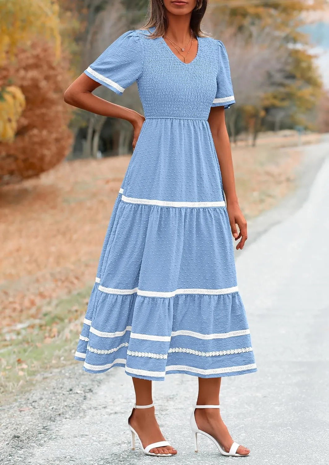 PRETTYGARDEN Women's Casual Summer Maxi Dress Short Sleeve Swiss Dot V Neck Smocked Long Flowy Beach Dresses