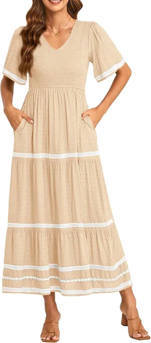 PRETTYGARDEN Women's Casual Summer Maxi Dress Short Sleeve Swiss Dot V Neck Smocked Long Flowy Beach Dresses