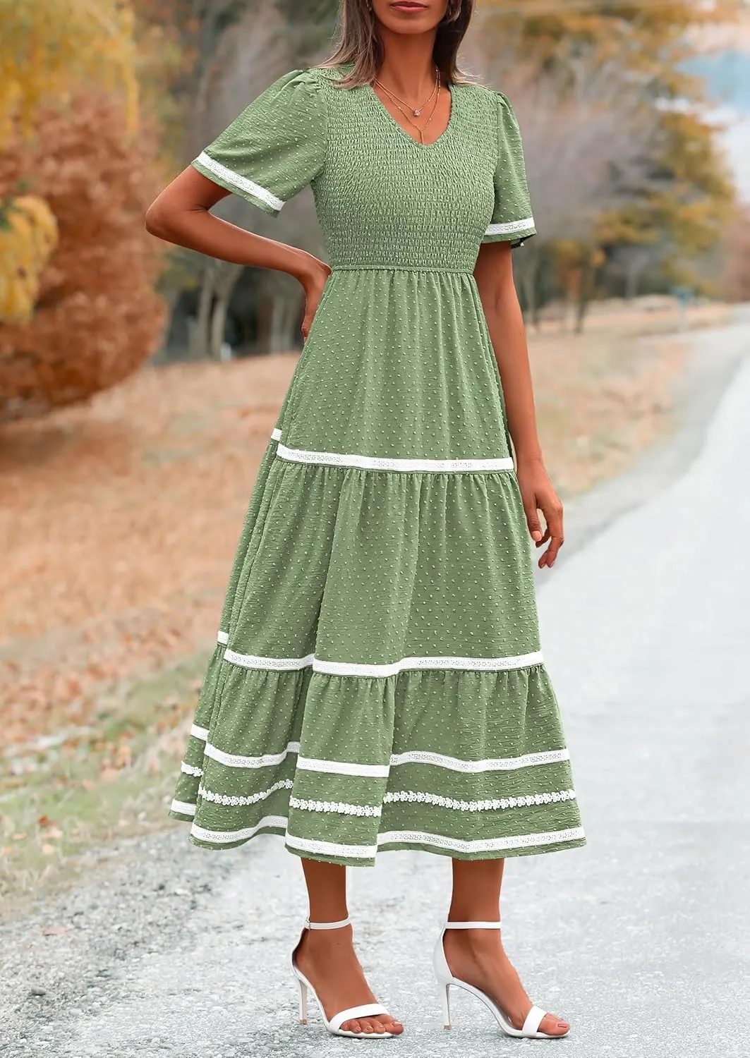 PRETTYGARDEN Women's Casual Summer Maxi Dress Short Sleeve Swiss Dot V Neck Smocked Long Flowy Beach Dresses