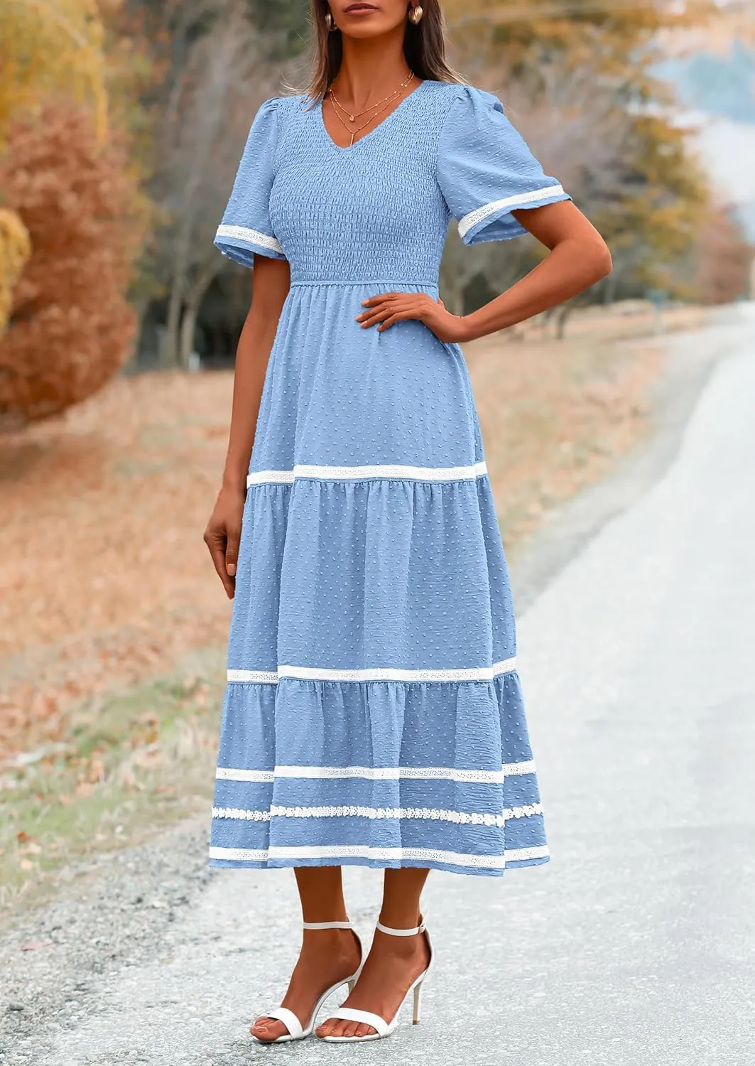 PRETTYGARDEN Women's Casual Summer Maxi Dress Short Sleeve Swiss Dot V Neck Smocked Long Flowy Beach Dresses