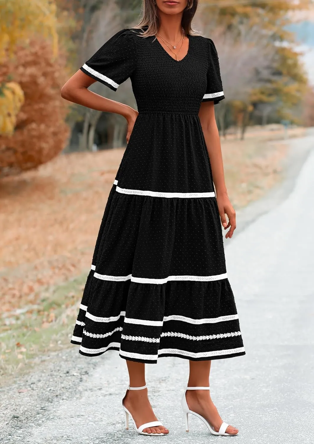 PRETTYGARDEN Women's Casual Summer Maxi Dress Short Sleeve Swiss Dot V Neck Smocked Long Flowy Beach Dresses