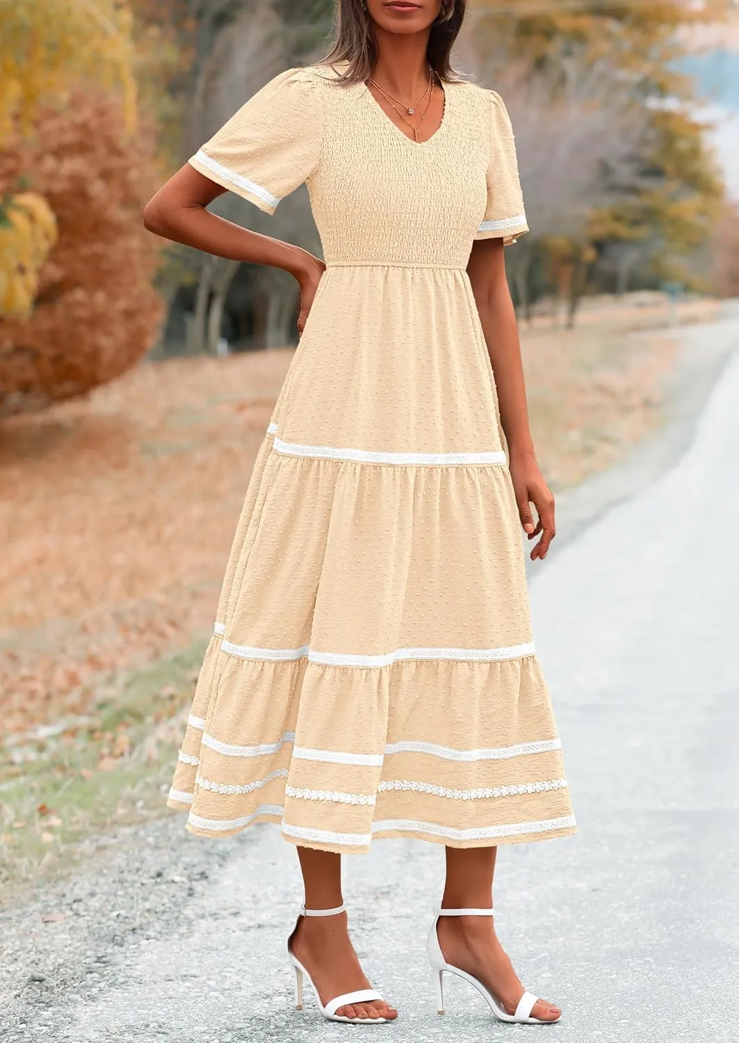 PRETTYGARDEN Women's Casual Summer Maxi Dress Short Sleeve Swiss Dot V Neck Smocked Long Flowy Beach Dresses