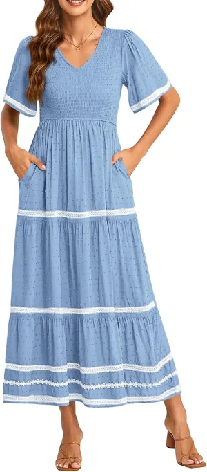 PRETTYGARDEN Women's Casual Summer Maxi Dress Short Sleeve Swiss Dot V Neck Smocked Long Flowy Beach Dresses