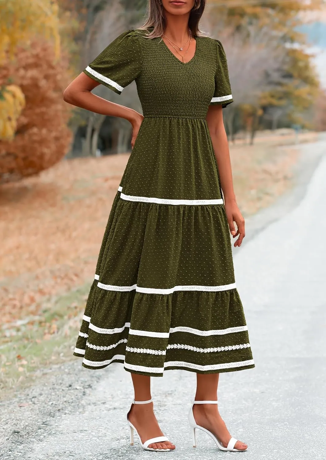 PRETTYGARDEN Women's Casual Summer Maxi Dress Short Sleeve Swiss Dot V Neck Smocked Long Flowy Beach Dresses