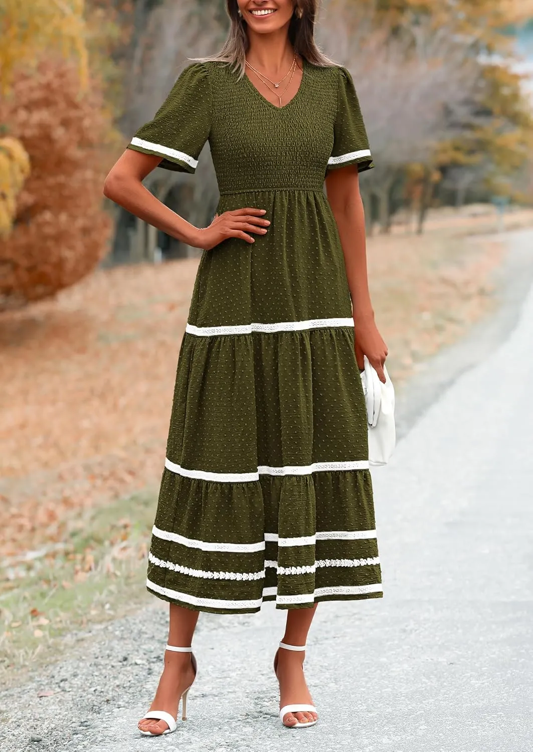 PRETTYGARDEN Women's Casual Summer Maxi Dress Short Sleeve Swiss Dot V Neck Smocked Long Flowy Beach Dresses