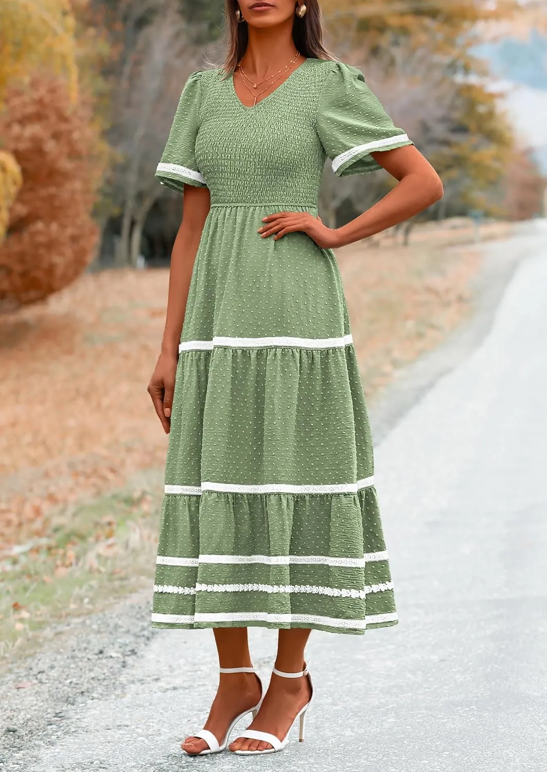 PRETTYGARDEN Women's Casual Summer Maxi Dress Short Sleeve Swiss Dot V Neck Smocked Long Flowy Beach Dresses