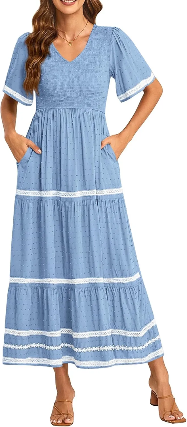 PRETTYGARDEN Women's Casual Summer Maxi Dress Short Sleeve Swiss Dot V Neck Smocked Long Flowy Beach Dresses