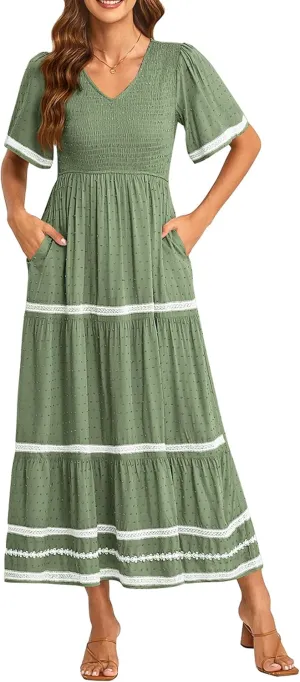 PRETTYGARDEN Women's Casual Summer Maxi Dress Short Sleeve Swiss Dot V Neck Smocked Long Flowy Beach Dresses