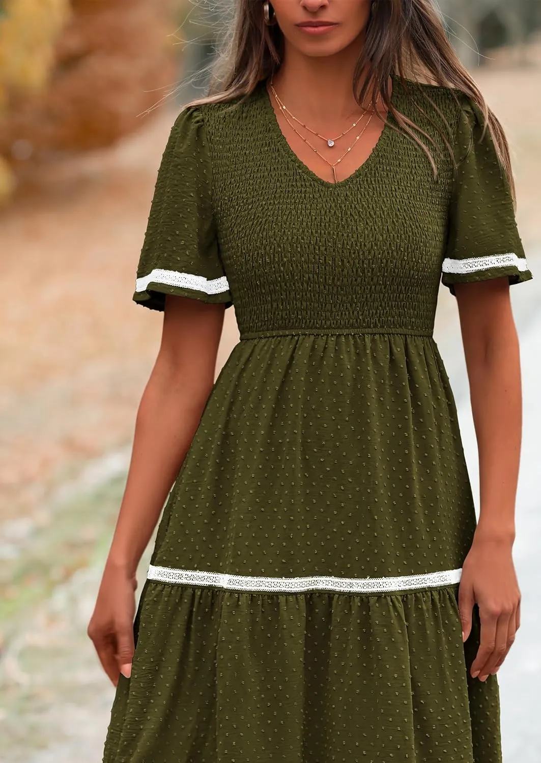 PRETTYGARDEN Women's Casual Summer Maxi Dress Short Sleeve Swiss Dot V Neck Smocked Long Flowy Beach Dresses