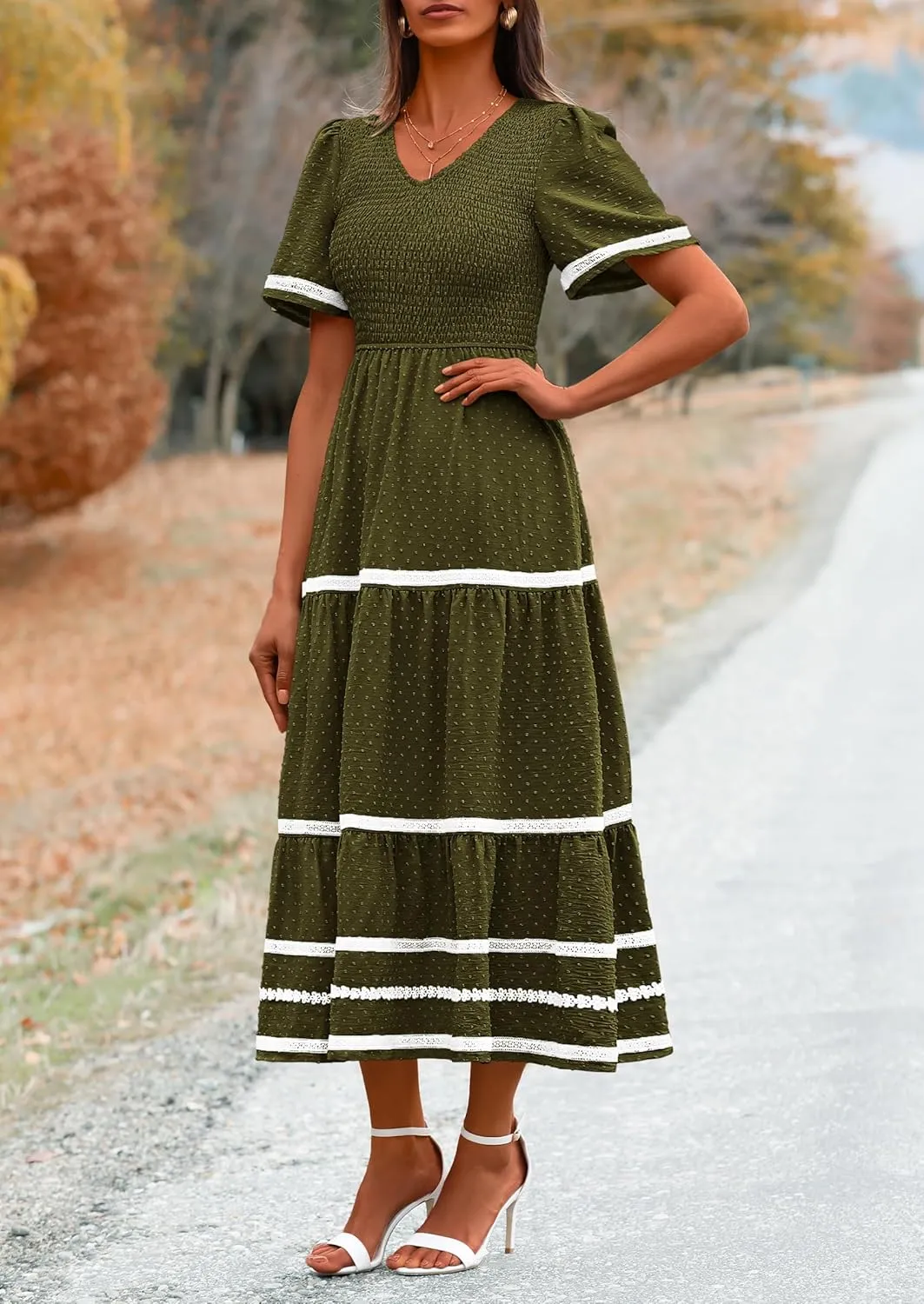 PRETTYGARDEN Women's Casual Summer Maxi Dress Short Sleeve Swiss Dot V Neck Smocked Long Flowy Beach Dresses