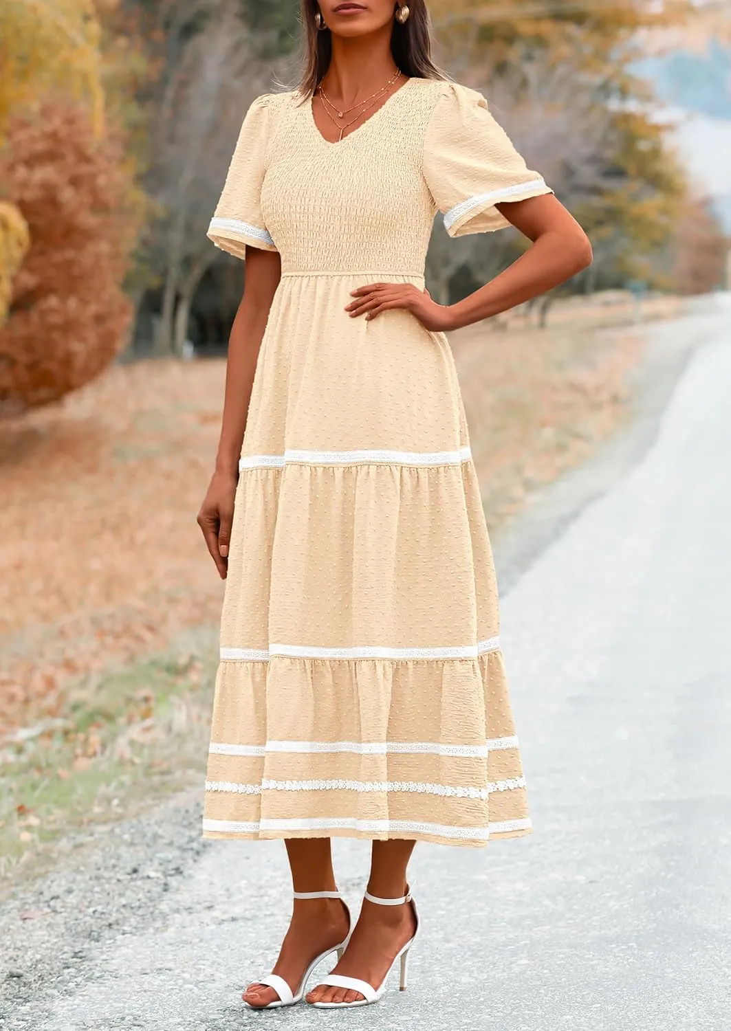 PRETTYGARDEN Women's Casual Summer Maxi Dress Short Sleeve Swiss Dot V Neck Smocked Long Flowy Beach Dresses