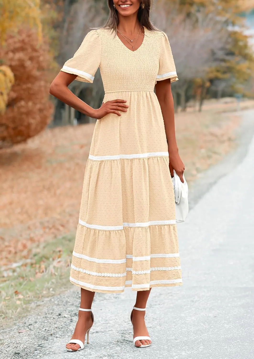 PRETTYGARDEN Women's Casual Summer Maxi Dress Short Sleeve Swiss Dot V Neck Smocked Long Flowy Beach Dresses
