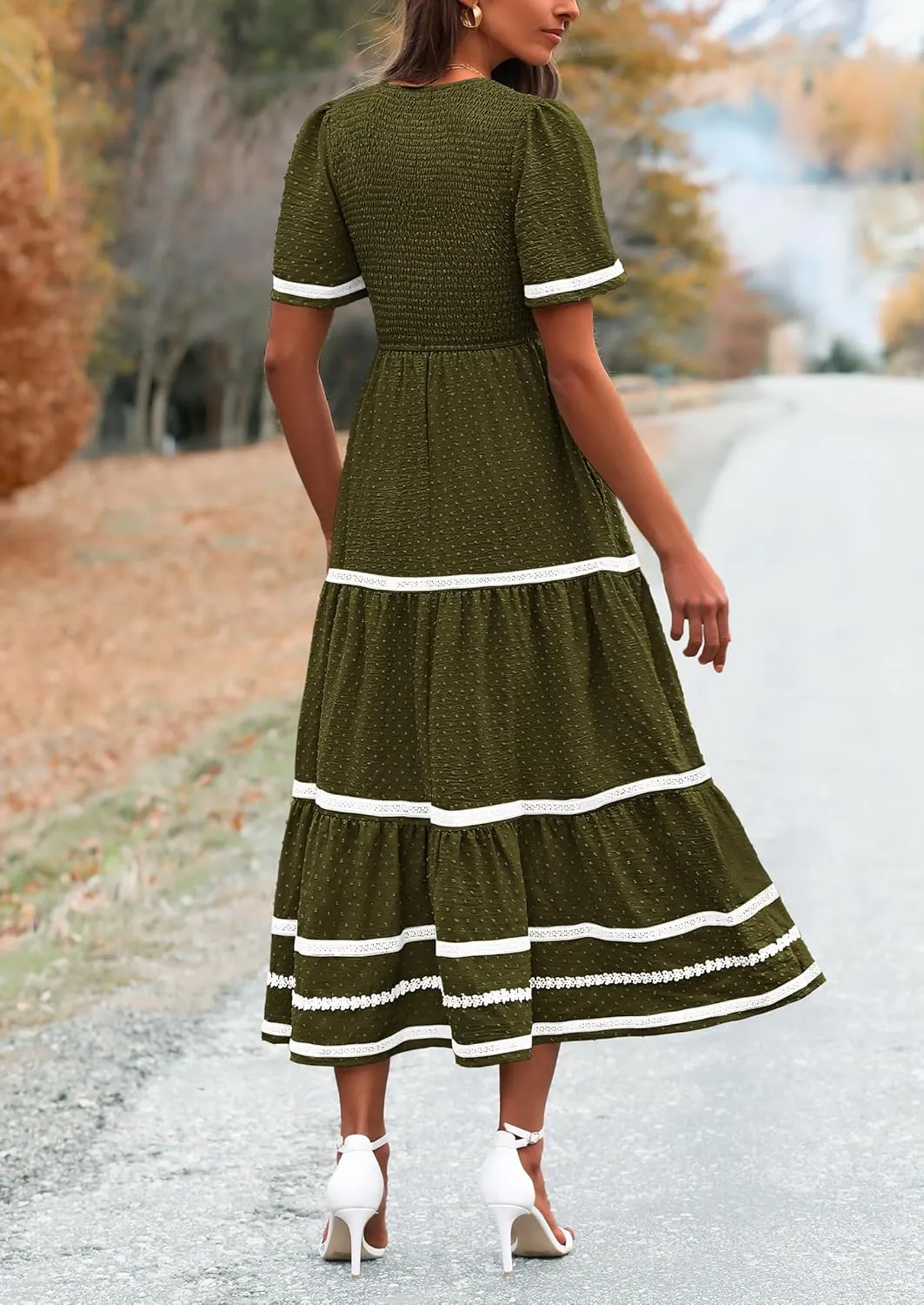 PRETTYGARDEN Women's Casual Summer Maxi Dress Short Sleeve Swiss Dot V Neck Smocked Long Flowy Beach Dresses