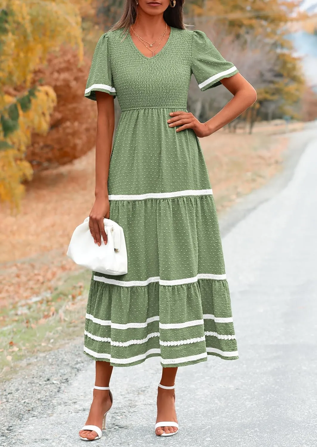 PRETTYGARDEN Women's Casual Summer Maxi Dress Short Sleeve Swiss Dot V Neck Smocked Long Flowy Beach Dresses