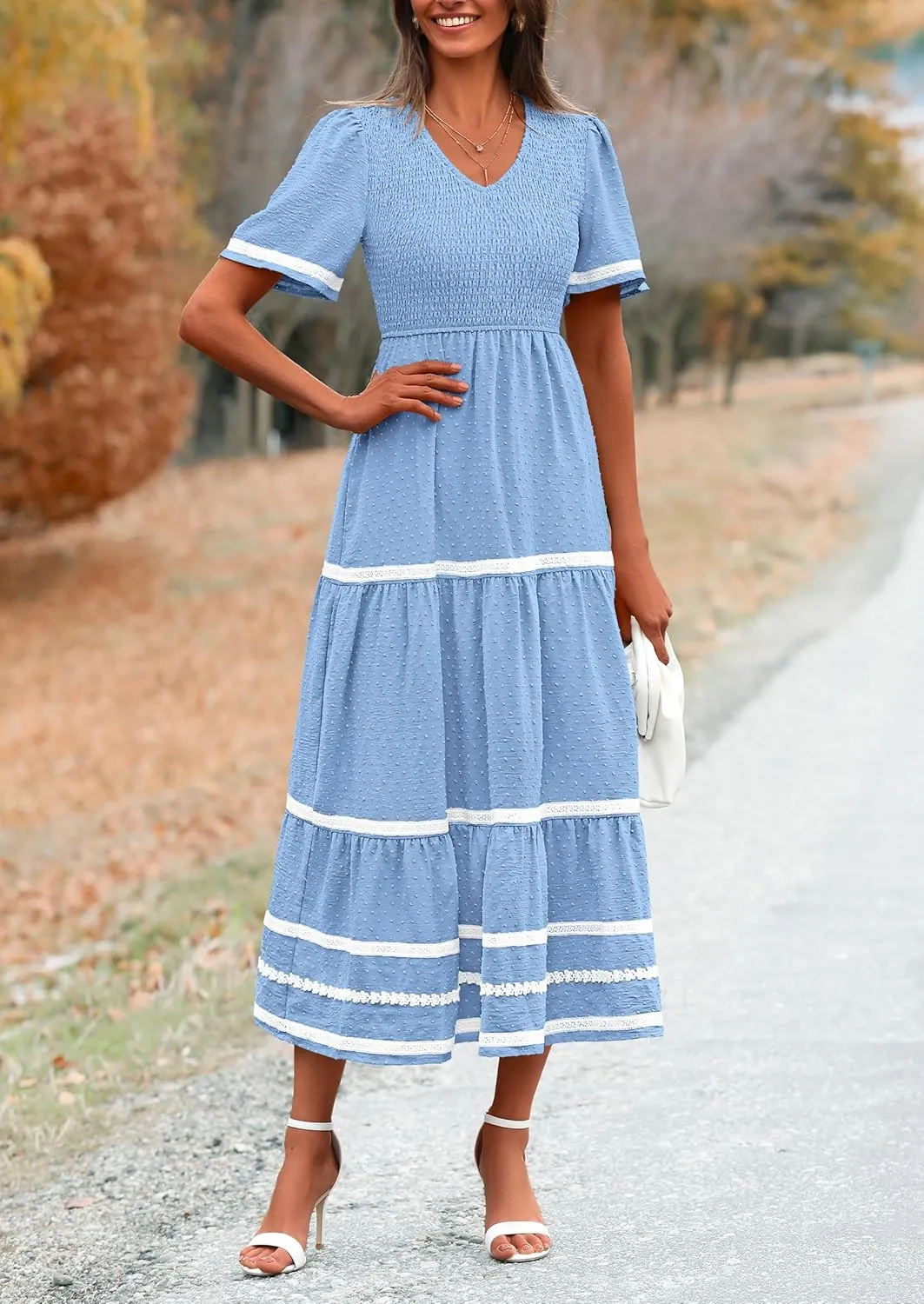 PRETTYGARDEN Women's Casual Summer Maxi Dress Short Sleeve Swiss Dot V Neck Smocked Long Flowy Beach Dresses