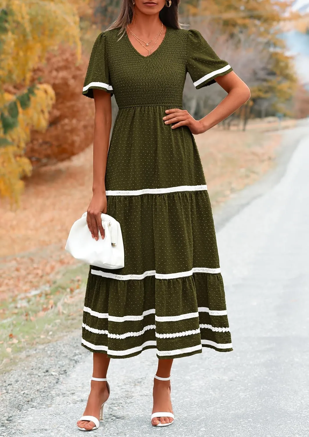 PRETTYGARDEN Women's Casual Summer Maxi Dress Short Sleeve Swiss Dot V Neck Smocked Long Flowy Beach Dresses